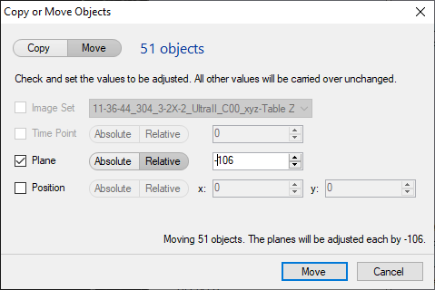 Copy or Move Objects dialog showing Plane set to Relative -106 and message Moving 51 objects