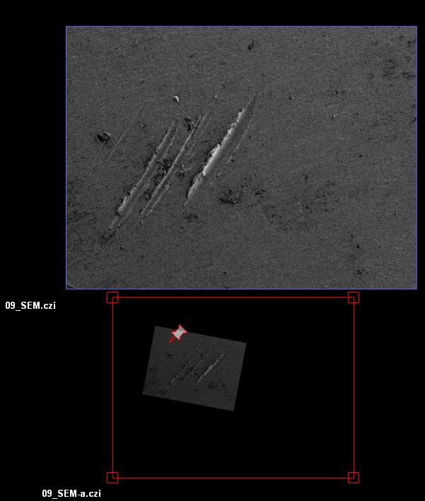 Grayscale image with diagonal grooves; rotated copy in red alignment box. Labels: 09_SEM.czi, 09_SEM-a.czi