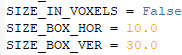 Code snippet showing SIZE_IN_VOXELS = False, SIZE_BOX_HOR = 10.0, SIZE_BOX_VER = 30.0
