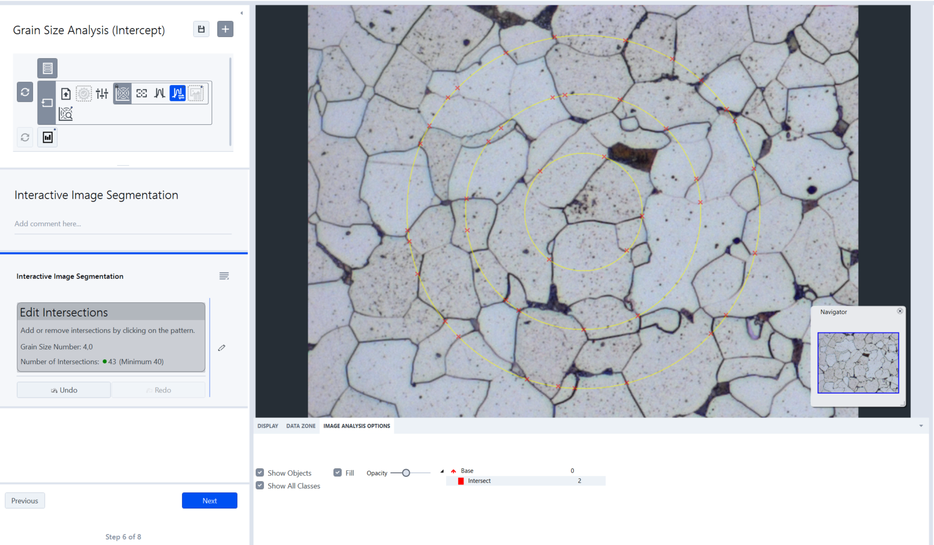 Micrograph of grains with yellow concentric measurement circles and red X intercepts; UI panel labeled Grain Size Analysis