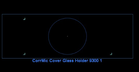 Blue rectangular frame with central circle and corner markers, labeled CorrMic Cover Glass Holder 9300 1