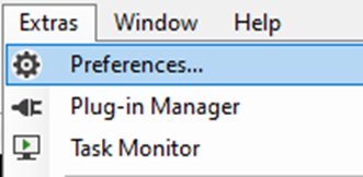 Menu showing 'Extras' with 'Preferences...', 'Plug-in Manager', 'Task Monitor'