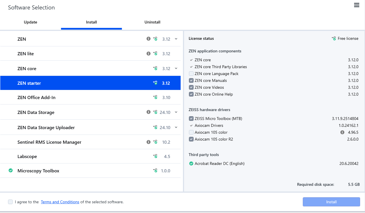 Software Selection window: Install tab with ZEN starter (3.12) selected and license/components panel showing ZEISS MTB