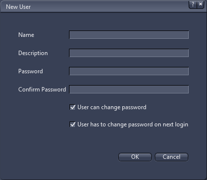 New User dialog with fields Name, Description, Password, Confirm Password and two checked boxes for changing password
