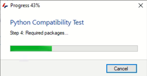 Dialog titled Python Compatibility Test showing Step 4: Required packages and a partial progress bar and Cancel button