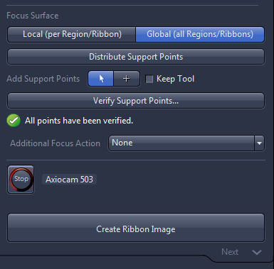 Software panel showing Focus Surface set to Global, Distribute Support Points button and green verified message