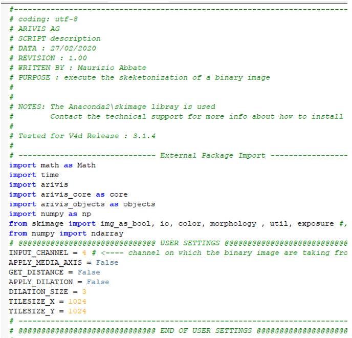 Python script code screenshot showing comments 'coding: utf-8', 'ARIVIS AG', 'WRITTEN BY : Maurizio Abbate', imports and USER SETTINGS