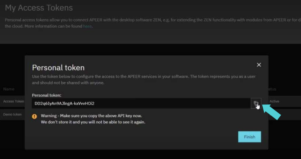 Personal token dialog showing token 'DD2q6IyAn9AJIngA-kxVwHOi2' and a warning to copy the API key now