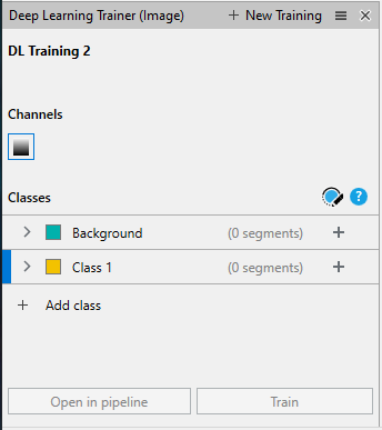 Deep Learning Trainer (Image) panel titled DL Training 2 showing Channels and classes Background and Class 1 (0 segments)