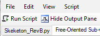 Toolbar with Run Script button and Hide Output Pane, tabs labeled Skeketon_RevB.py and Free-Oriented Sub-...