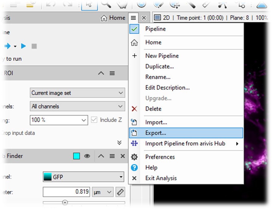App UI with 'Pipeline' menu showing 'Export...' highlighted beside panels labeled Current image set and GFP