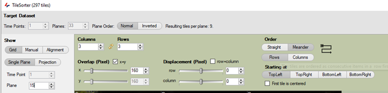 TileSorter window showing Columns 3 Rows 3, Overlap x=160 y=160 and tile count 297