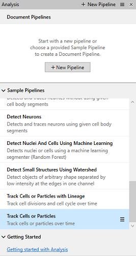 Analysis window showing 'Document Pipelines', sample pipelines list with 'Track Cells or Particles' selected and + New Pipeline button