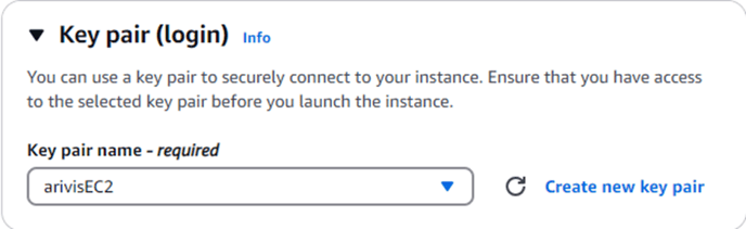 Key pair (login) panel showing Key pair name required set to arivisEC2 and Create new key pair link