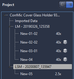 Project tree: 'CorrMic Cover Glass Holder 93...', 'Imported Data', LM - 20190326_125358 (40x) and LSM - 20200807_135947