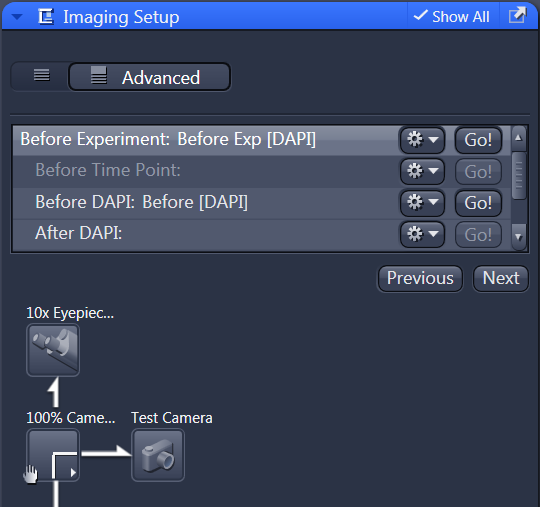 Imaging Setup Advanced tab showing 'Before Experiment: Before Exp [DAPI]', Go! buttons, 10x eyepiece and Test Camera icons