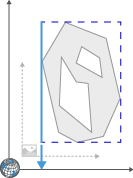 Gray irregular polygon inside blue dashed bounding box with blue left edge and a downward blue arrow on a vertical axis