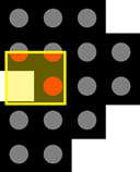 Yellow square with white inner square, orange circle and red arc on black background patterned with gray circular dots
