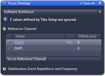 Software Autofocus Focus Strategy dialog showing Reference Channel list with Bright (Ref., offset 0) and DAPI (offset 0)
