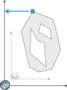 Gray irregular polygon with two inner cutouts, blue dot at top with left arrow, corner axes and dashed vertical guide