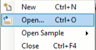 File menu with 'Open...  Ctrl+O' highlighted, 'New  Ctrl+N' above, 'Open Sample' and 'Close  Ctrl+F4' below