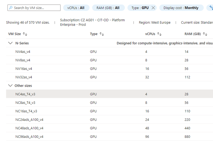 Azure portal VM sizes table showing GPU N-Series and Other sizes with columns VM Size, Type, vCPUs, RAM (GiB)