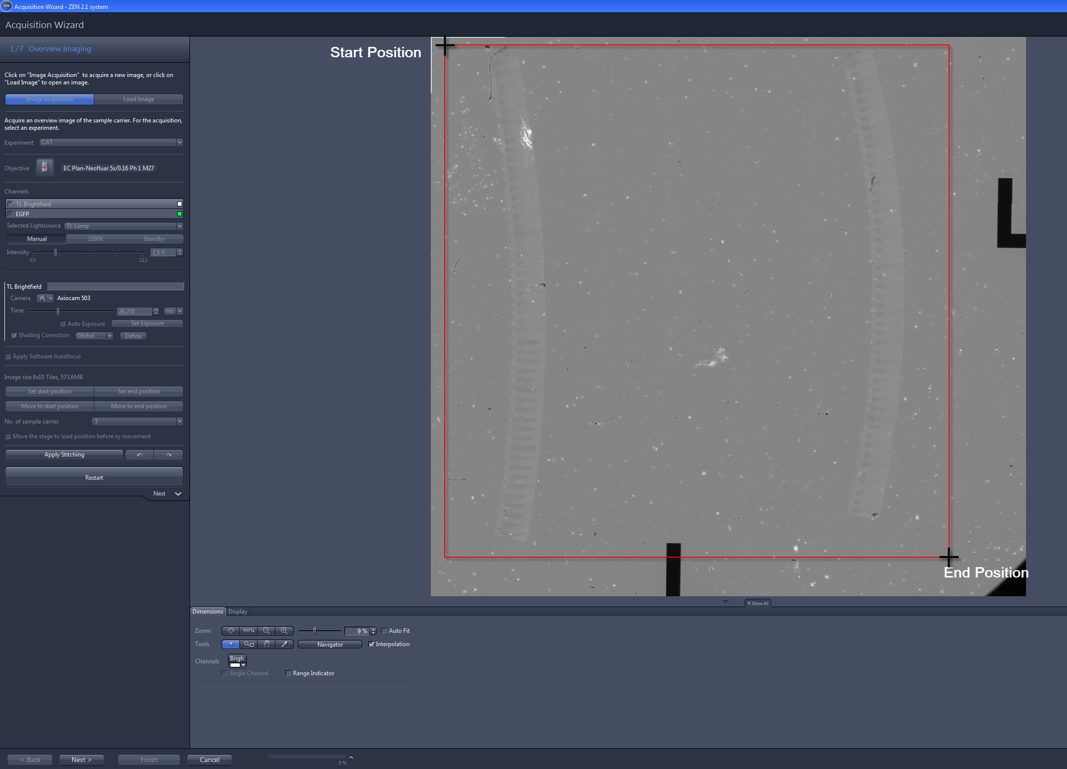Acquisition Wizard screenshot: gray overview image with red rectangle, labeled Start Position and End Position