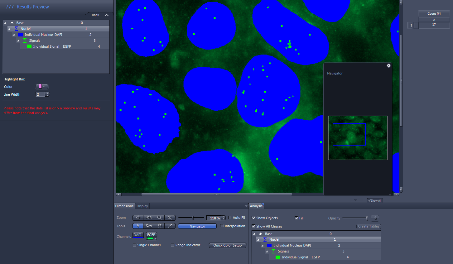 Screenshot of software showing blue nuclei filled, small green signal dots on green background, UI panels and Navigator.