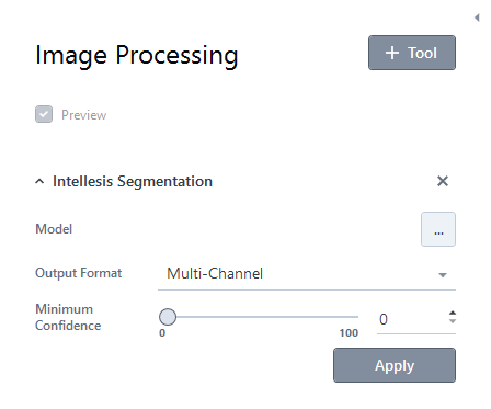 Image Processing Intellesis Segmentation panel with Model field, Output Format 'Multi-Channel', Minimum Confidence slider and Apply button