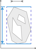 Gray polygon with two white holes inside dashed blue bounding box with vertical double-arrow indicating height