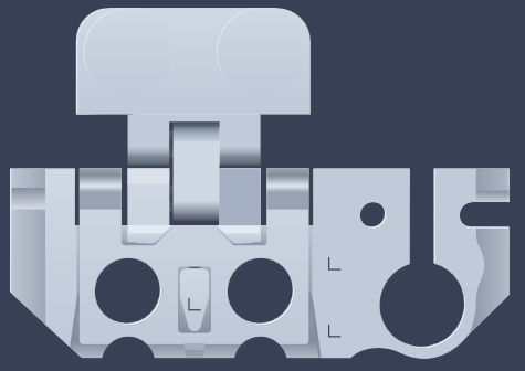 hinge-like metal assembly with two round holes, a raised hinge tab and small L marking