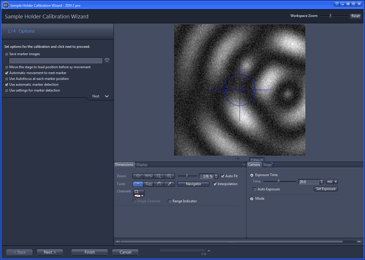 Sample Holder Calibration Wizard showing grainy circular marker image with blue crosshair and left options panel