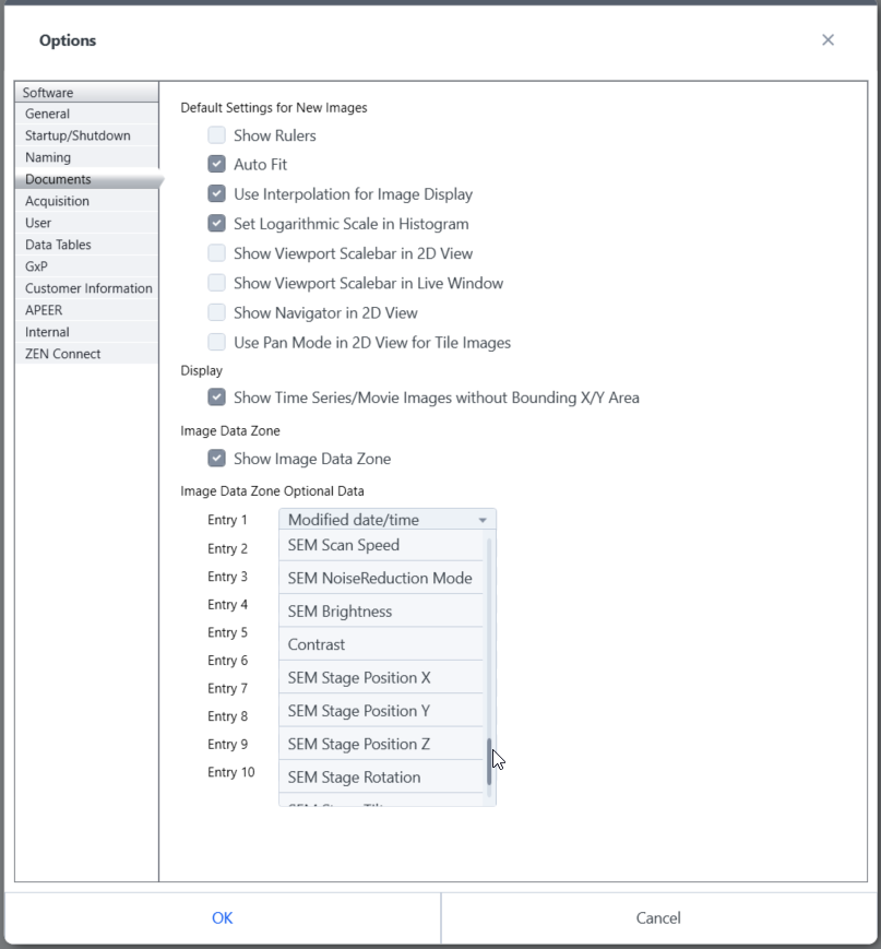 Options dialog showing Documents tab and Image Data Zone with Modified date/time and SEM settings list