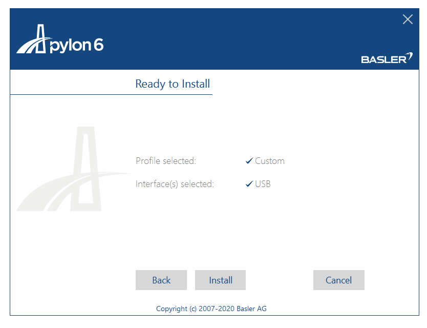 pylon6 Ready to Install dialog showing Profile selected: Custom and Interface(s) selected: USB; Back, Install, Cancel buttons