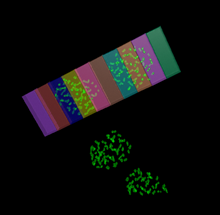 Tilted multicolored segmented bar with small green dots and two green clusters below on black