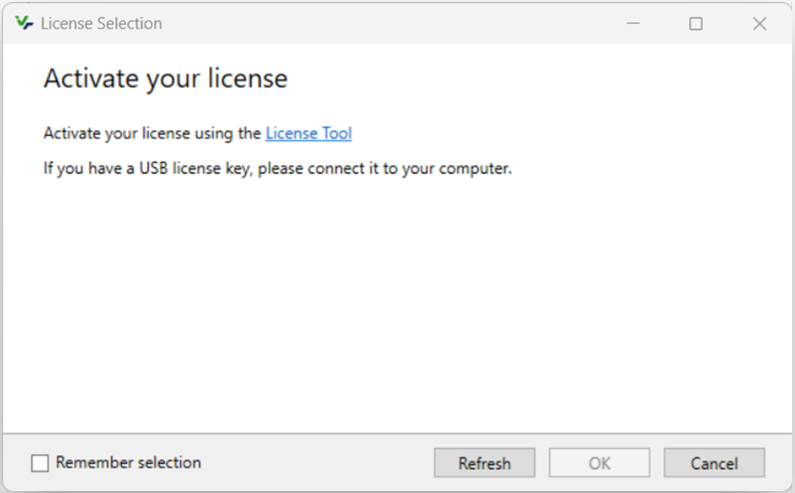 Dialog 'Activate your license' with link 'License Tool', USB license key instruction and buttons Refresh OK Cancel