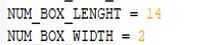Code screenshot showing NUM_BOX_LENGHT = 14 and NUM_BOX_WIDTH = 2