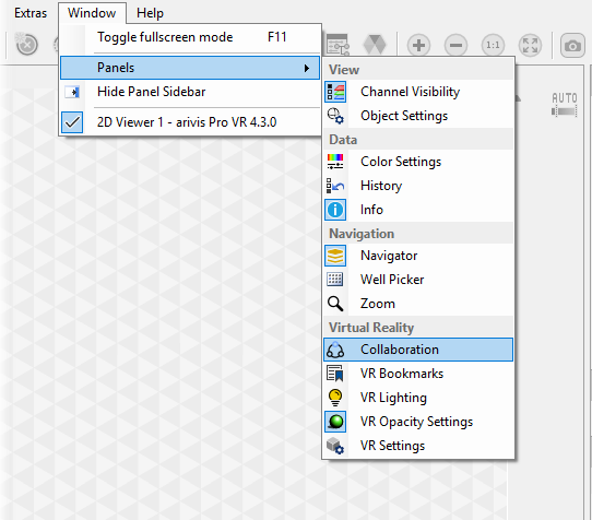 Window menu Panels submenu showing View menu with 'Collaboration' option highlighted