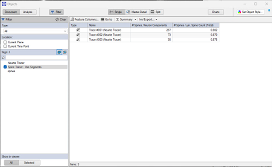 Software Objects dialog with left filter showing Neuron Tracer tag and right table listing Trace #001, #002, and #003