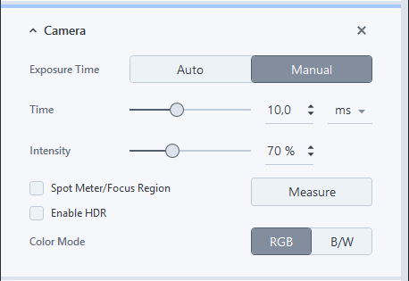 Expanded Camera settings: Exposure Time Manual, Time 10,0 ms, Intensity 70%, Spot Meter/Focus Region, Enable HDR, RGB selected