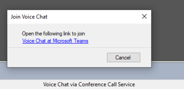 Dialog titled Join Voice Chat showing link Voice Chat at Microsoft Teams and a Cancel button
