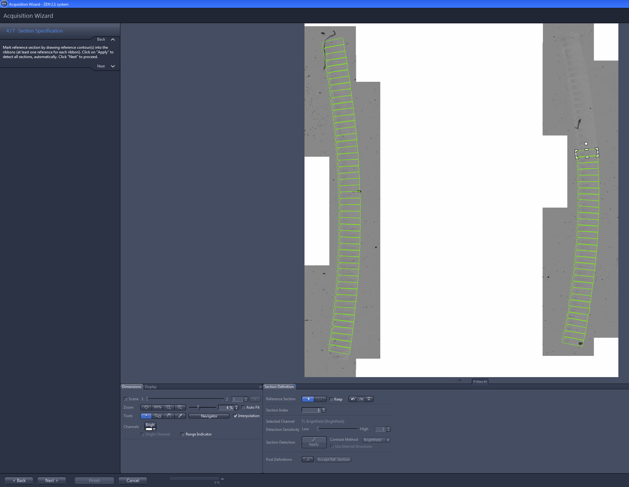 Acquisition Wizard window showing two curved gray ribbons with green section outlines and '4/7 Section Specification' sidebar