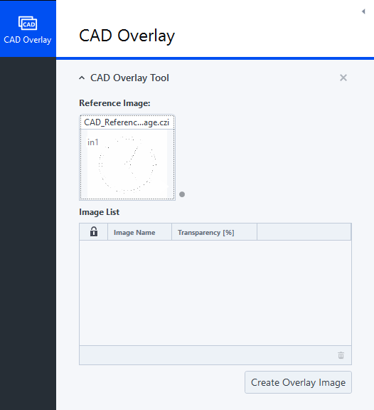 CAD Overlay window with CAD Overlay Tool panel, reference thumbnail and image overlay of circular pad with three radial arms