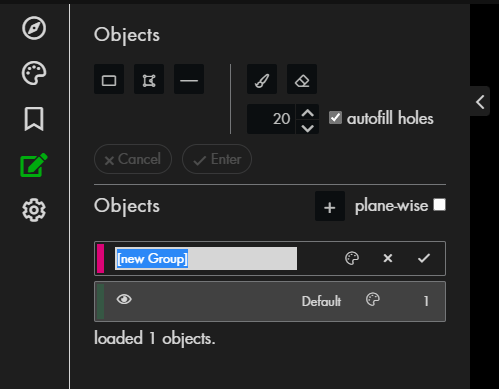 Objects panel showing 'Objects' title, 'autofill holes' checkbox, group named '[new Group]' and text 'loaded 1 objects.'