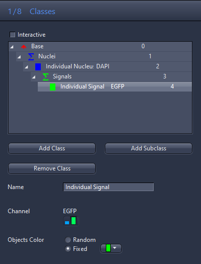 Classes pane: Individual Nuclei: DAPI > Signals > Individual Signal EGFP; Name 'Individual Signal'; Channel EGFP; Fixed green