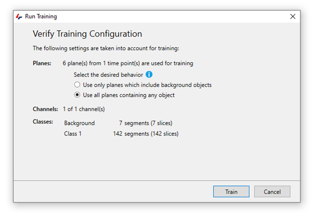 Verify Training Configuration dialog showing 6 planes, 1 of 1 channels, Background 7 segments, Class 1 142 segments
