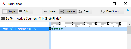 Track Editor window showing Active: Segment #114 (Blob Finder), left track list with Track #001 (Tracking #1): 1-6 and timeline