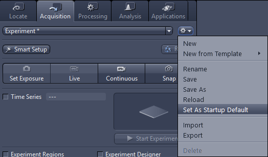 Acquisition panel with context menu highlighting Set As Startup Default and Live/Continuous exposure controls