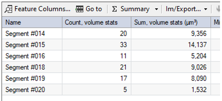 Data table listing Segment #014 to #020 with counts and sum volume stats (µm³)