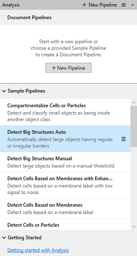 Document Pipelines pane with + New Pipeline button and Sample Pipelines list highlighting Detect Big Structures Auto